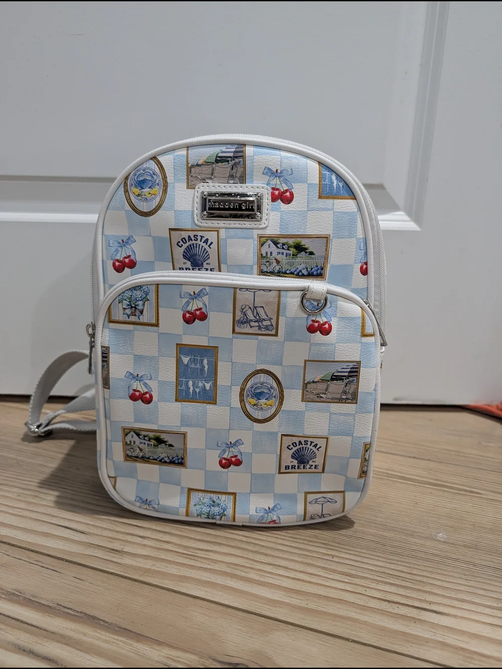Madden Girl Blue and White Coastal Print Mini Backpack